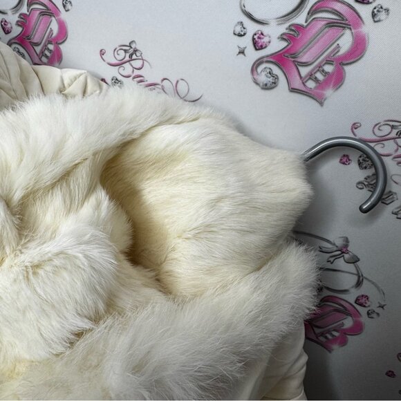 Bebe corset coat jacket snow bunny fur rabbit White Quilted Jacket Fur Trim hood - Picture 8 of 16